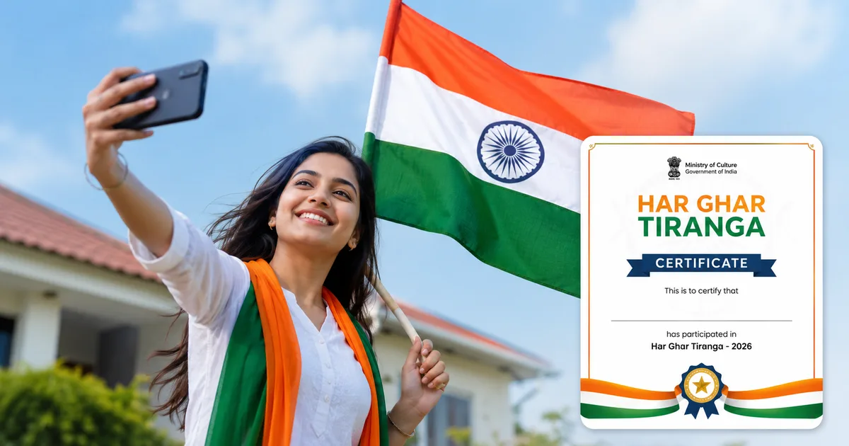 Person taking a selfie with the Indian flag for the Har Ghar Tiranga Certificate 2026