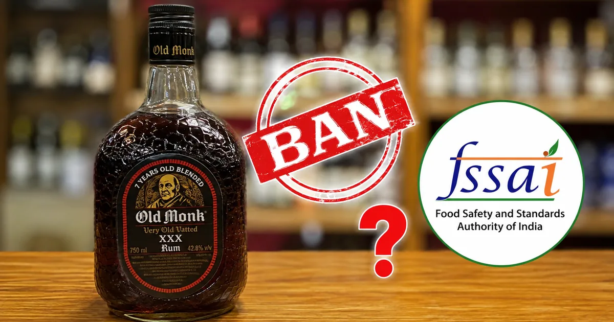 Bottles of Indian liquor on a shelf highlighting the FSSAI Old Monk Ban Rumors 2026