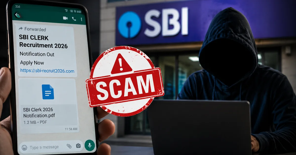 Fake SBI Clerk 2026 notification WhatsApp message on a smartphone screen showing a malicious link