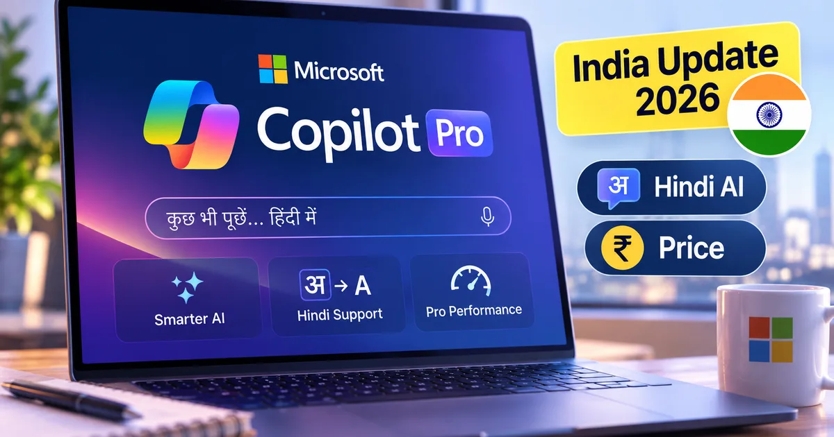 Microsoft Copilot Pro interface showing new Hindi voice features and 2026 India update details on a laptop screen