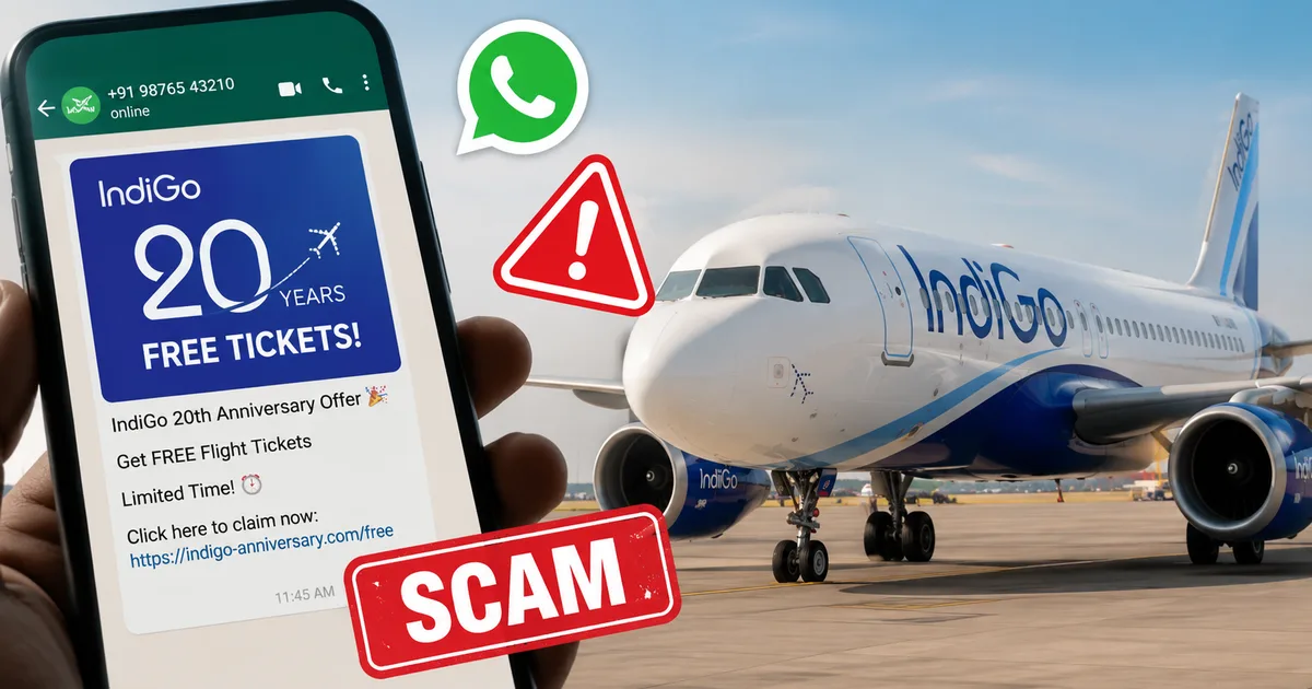 Screenshot of the Fake IndiGo 20th Anniversary Free Tickets WhatsApp Scam 2026 message on a smartphone