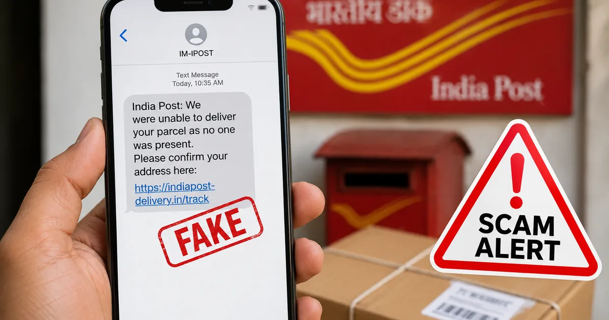 Fake India Post parcel delivery failed SMS scam on a smartphone screen