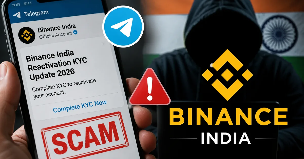 Fake Binance India Reactivation KYC Telegram Scam 2026 warning sign on a smartphone screen