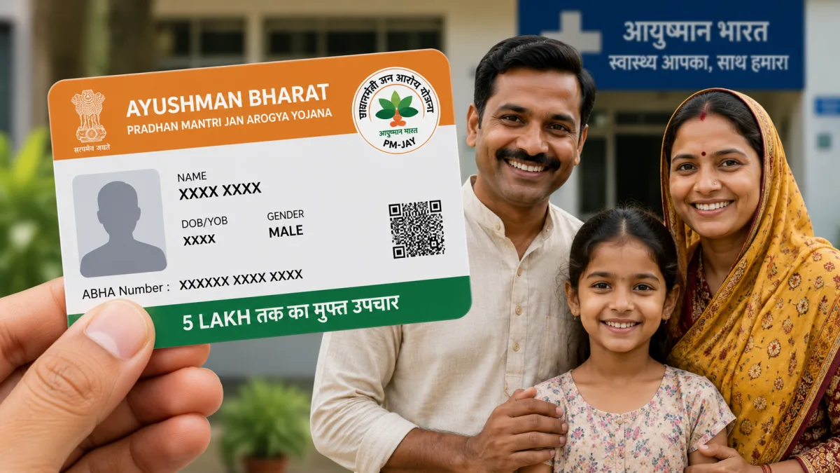 Mobile screen showing Ayushman Bharat Card Download 2026 process with Aadhaar card