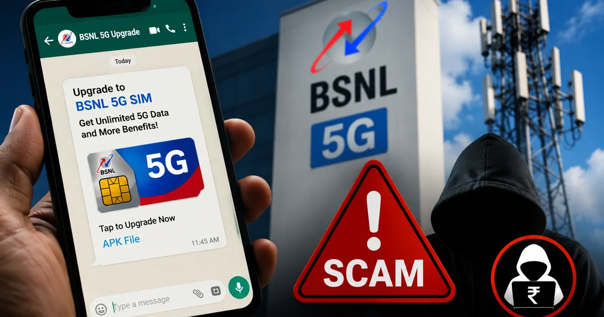 Fake BSNL 5G SIM upgrade WhatsApp scam warning on smartphone screen