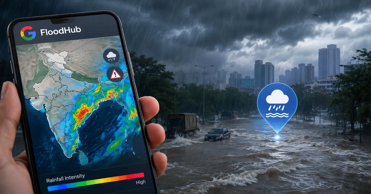 Screenshot of Google FloodHub AI map showing flood alerts and rainfall predictions in India