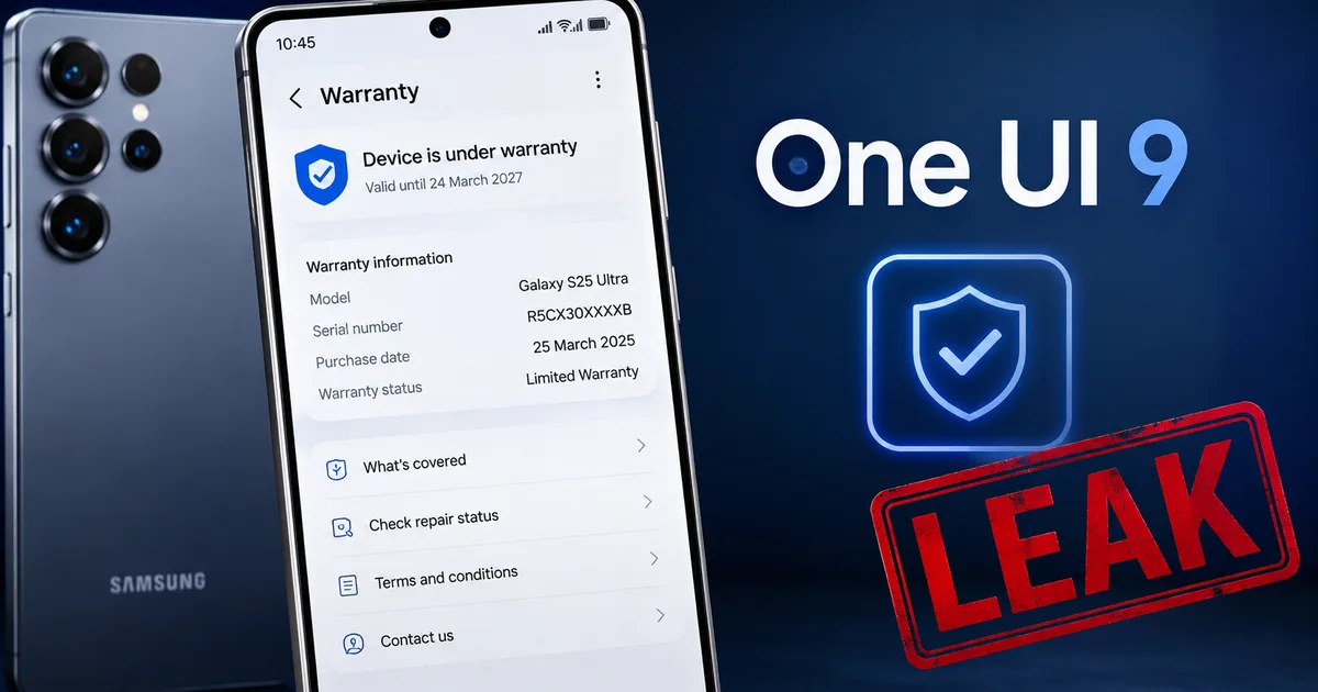 Samsung Galaxy phone showing the new One UI 9 warranty menu leak 2026 screen