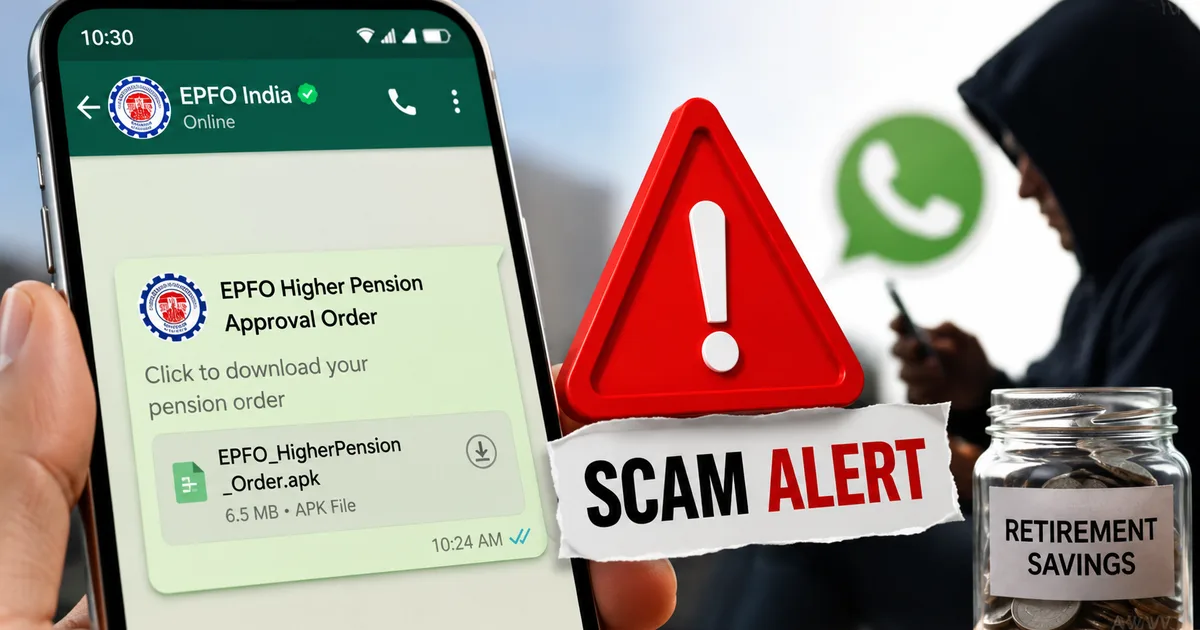 Fake EPFO Higher Pension Order WhatsApp APK Scam 2026 alert shown on a smartphone screen