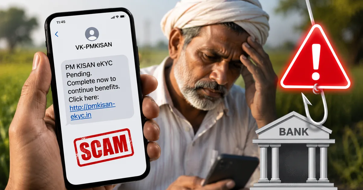 Fake PM Kisan Samman Nidhi 2026 KYC Update SMS Scam warning on a smartphone screen