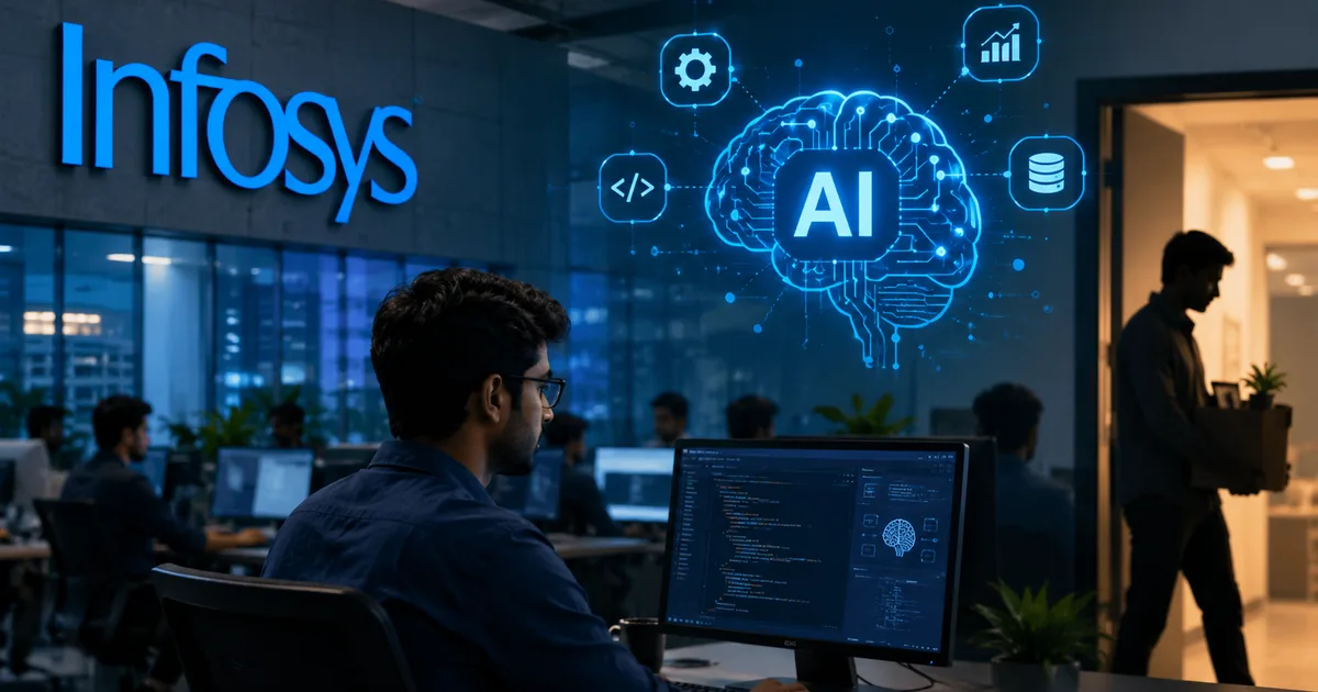 Infosys office building with AI digital overlay representing impact on Indian IT jobs