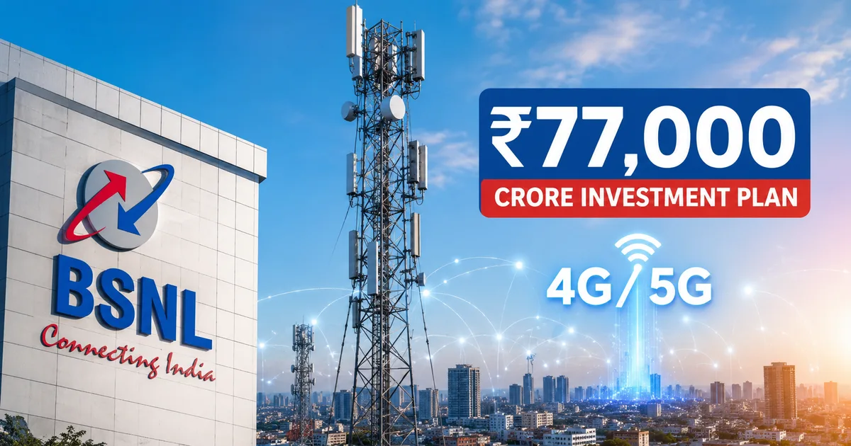 BSNL telecom tower with 4G and 5G equipment against an Indian city skyline