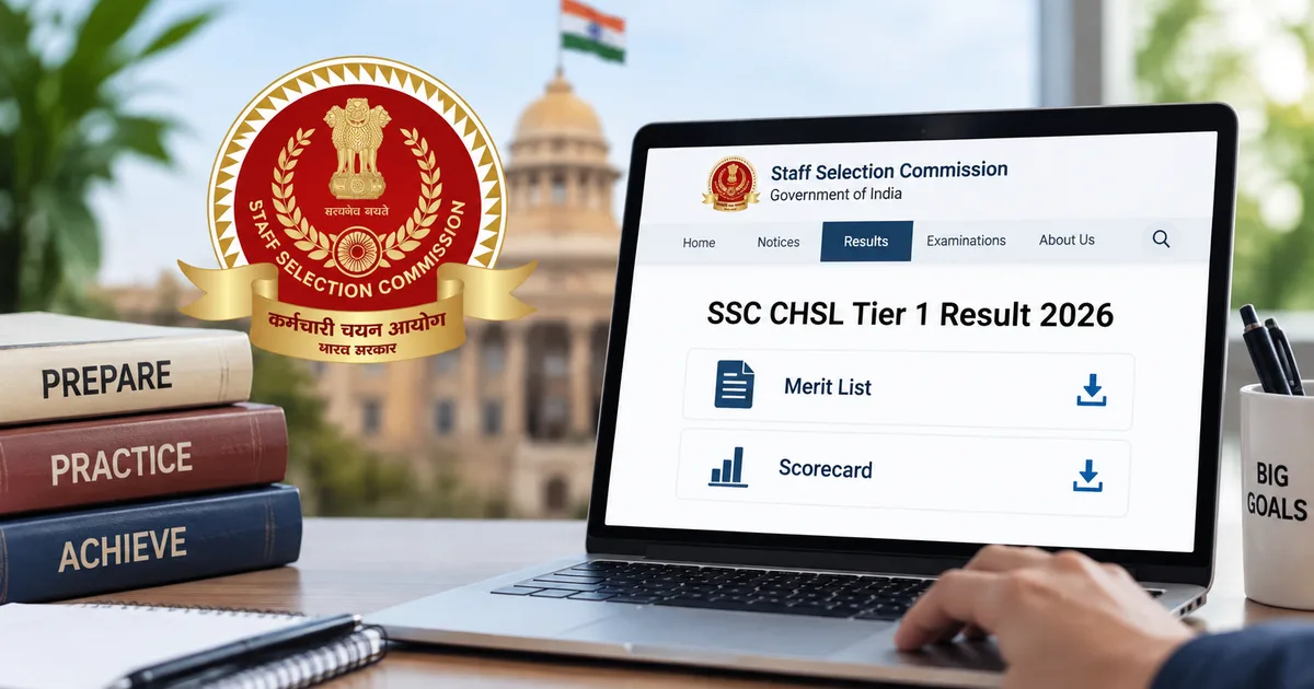 SSC CHSL Tier 1 Result 2026 portal on a laptop screen showing merit list and scorecard