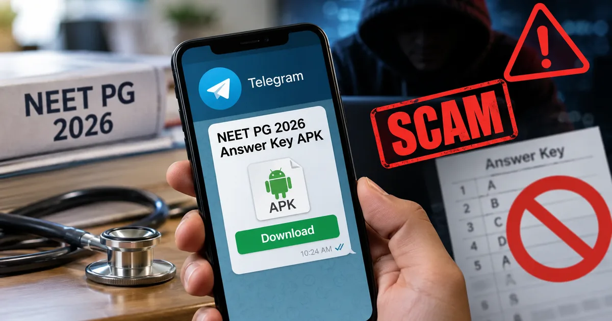 Graphic warning about the fake NBEMS NEET PG 2026 answer key download Telegram APK scam on a smartphone