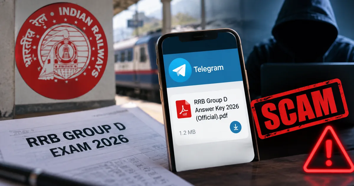 Fake RRB Group D Answer Key 2026 PDF Download Telegram Scam warning displayed on a mobile phone screen
