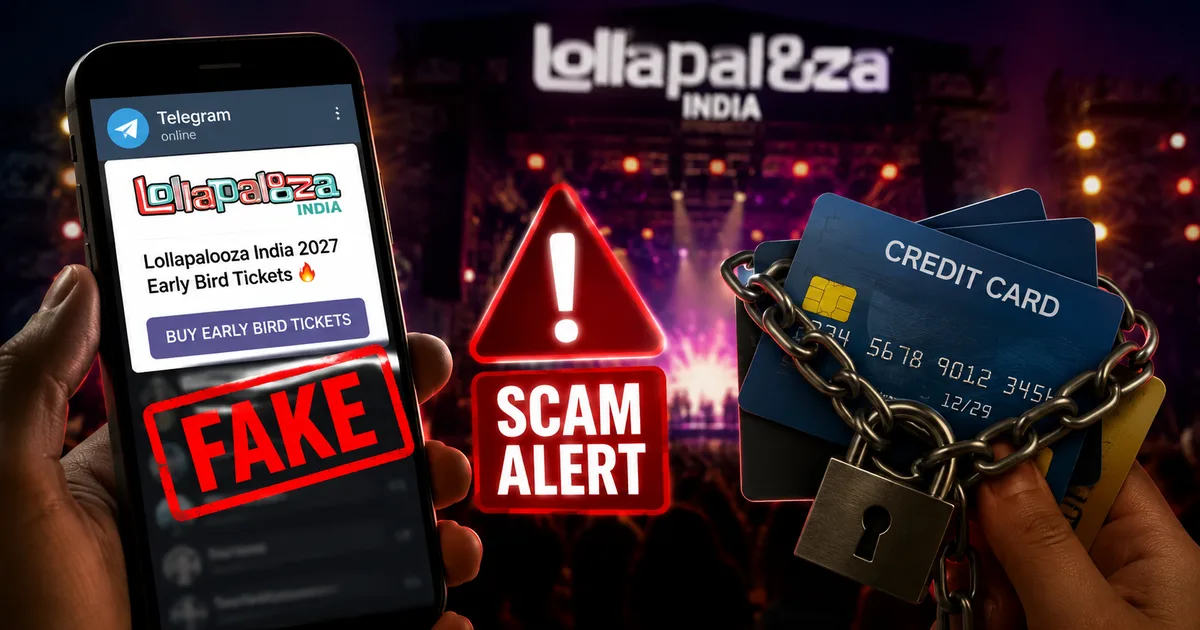 Warning sign for Fake Lollapalooza India 2027 Early Bird Ticket Telegram Scam on a smartphone screen