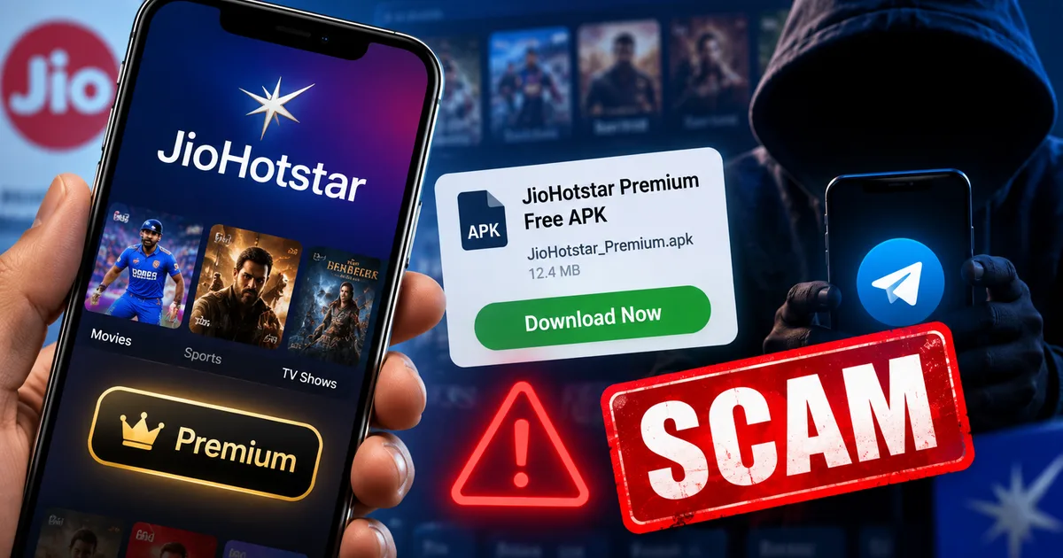 Warning sign for Fake JioHotstar Premium Subscription Telegram APK Scam on a smartphone screen