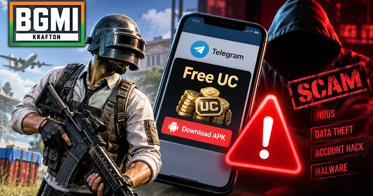 Fake BGMI September 2026 Update Free UC Telegram APK Scam warning showing a smartphone screen and a warning sign