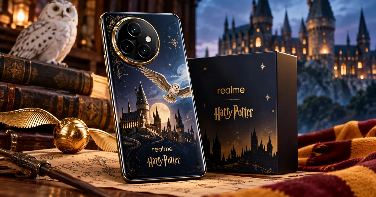 Realme 16 Pro 5G Harry Potter Edition 2026 in Magic Brown with Hogwarts suitcase box
