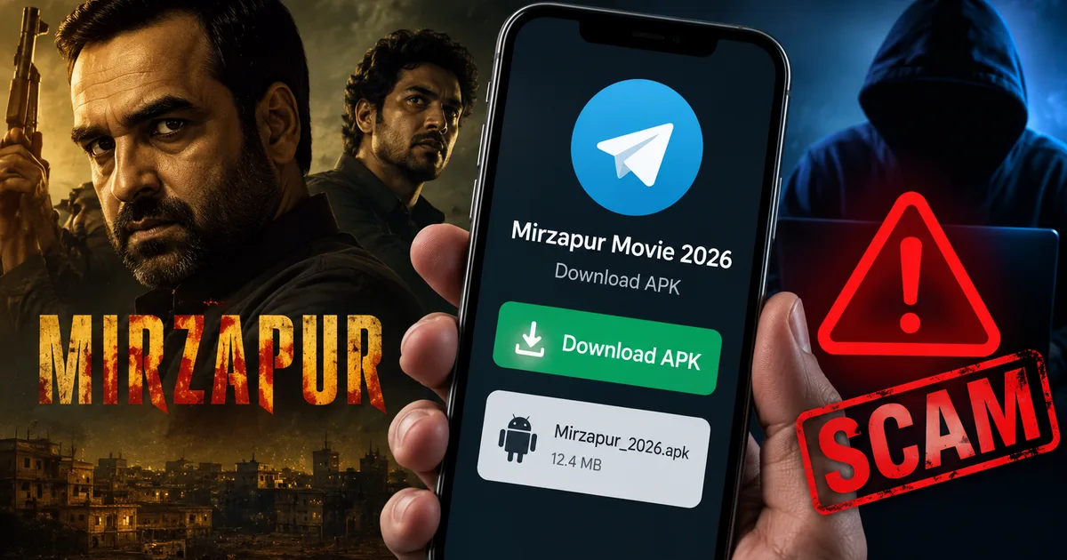 Fake Mirzapur Movie 2026 Telegram Download APK Scam warning on mobile screen