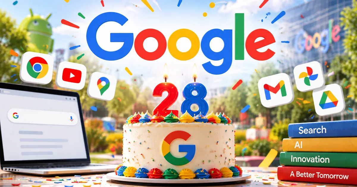 Google 28th Birthday 2026 retro doodle logo on a computer screen