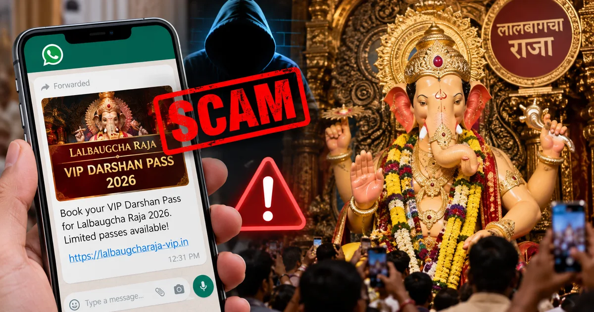 Graphic warning about the fake Lalbaugcha Raja 2026 VIP Darshan Pass WhatsApp scam on a smartphone screen