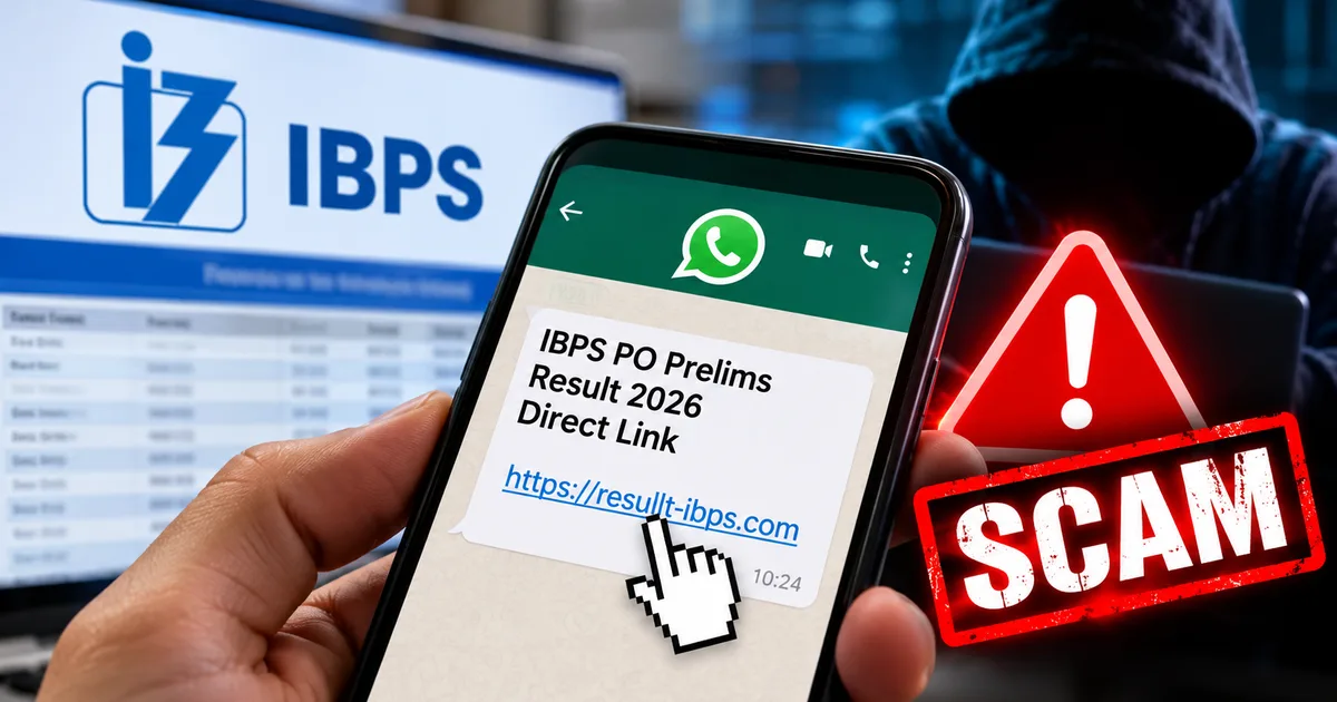 Smartphone screen showing a fake WhatsApp message with a malicious link for IBPS PO prelims result