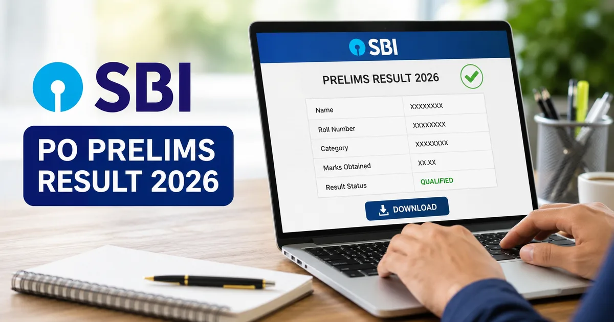Student checking SBI PO Prelims Result 2026 scorecard on a laptop computer