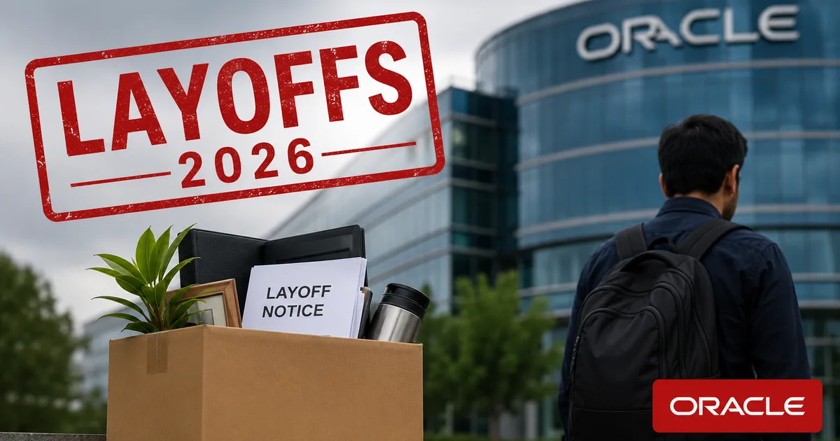 Oracle office building with a dark cloud, representing the September 2026 layoffs impacting Indian IT employees