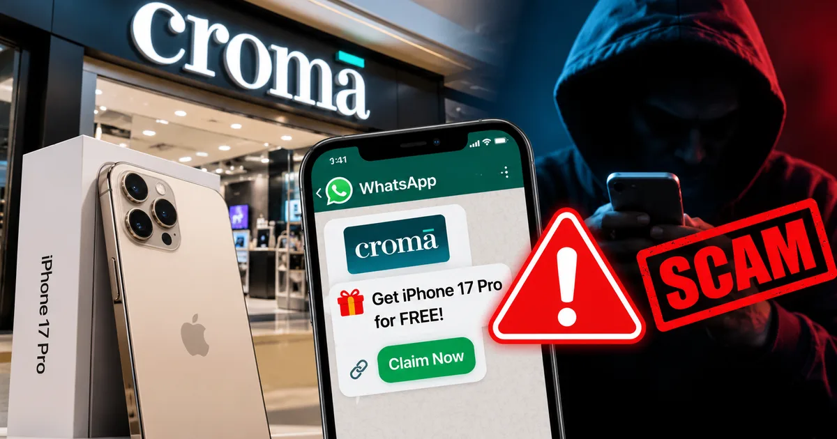 Warning sign over a smartphone showing a fake Croma iPhone 17 Pro WhatsApp scam 2026 message