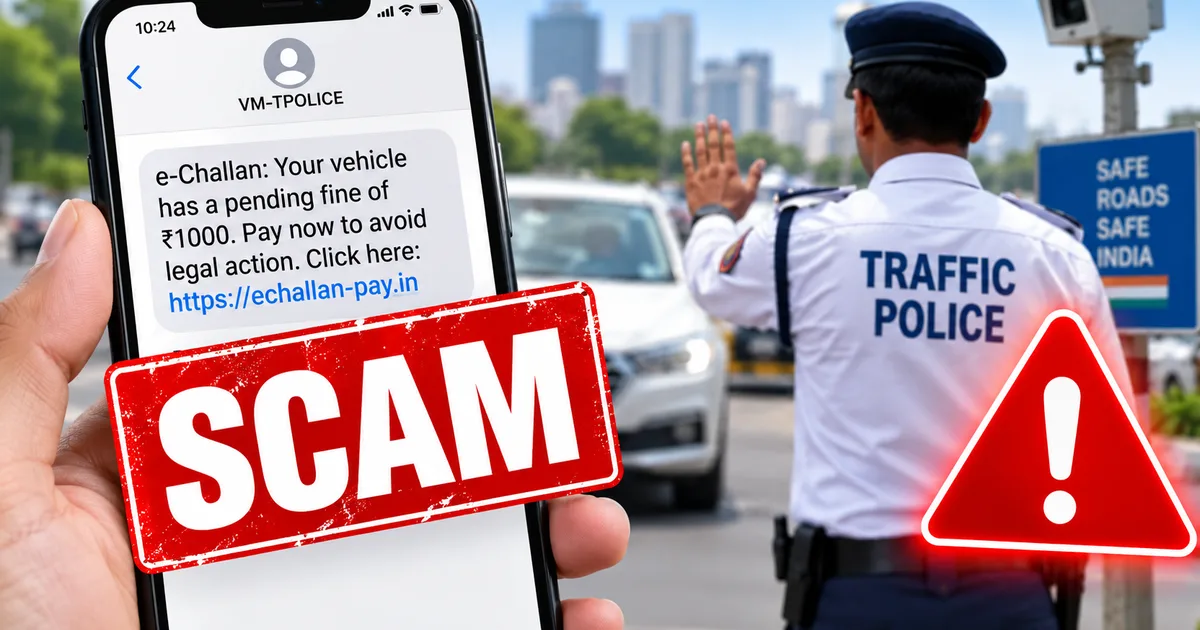 Fake Traffic Police e-Challan 2026 SMS Payment Link Scam on smartphone screen with a red warning sign