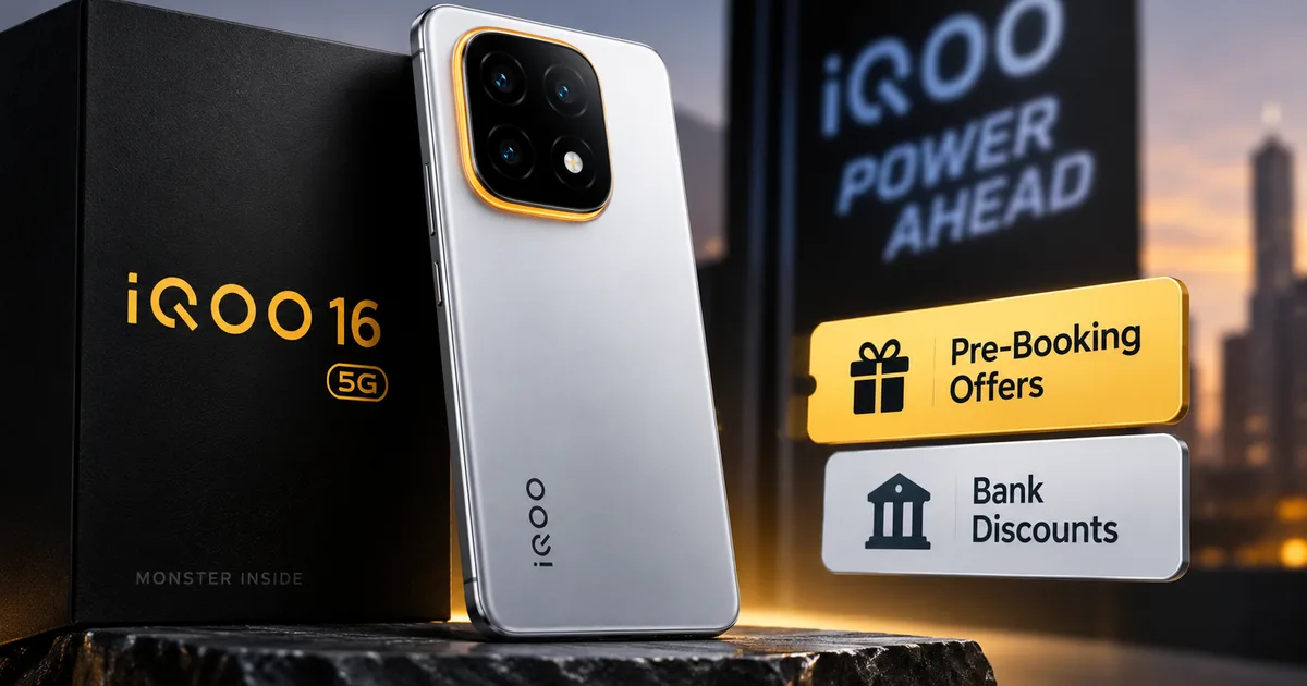 iQOO 16 5G 2026 India Launch smartphone on a dark background showing pre-booking offers