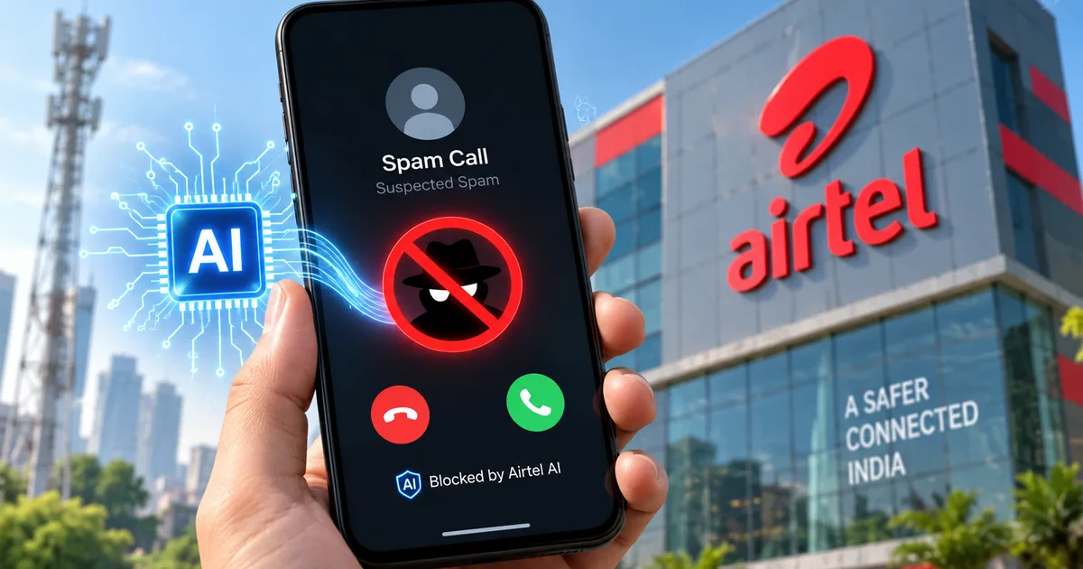 Smartphone displaying Airtel AI spam detection blocking a fake call in India 2026