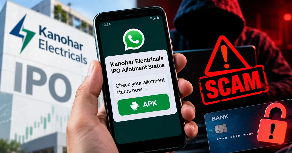 Smartphone showing fake Kanohar Electricals IPO allotment WhatsApp message