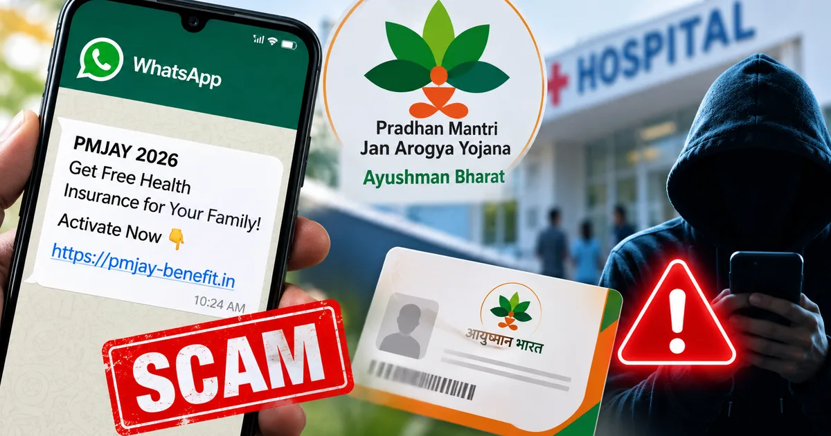Fake PMJAY 2026 Free Health Insurance Activation WhatsApp Scam warning displayed on a smartphone screen