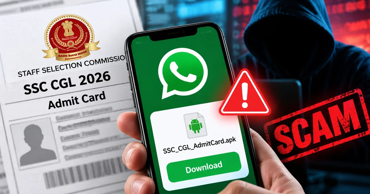 Fake SSC CGL 2026 Admit Card Download WhatsApp APK Scam warning on smartphone screen