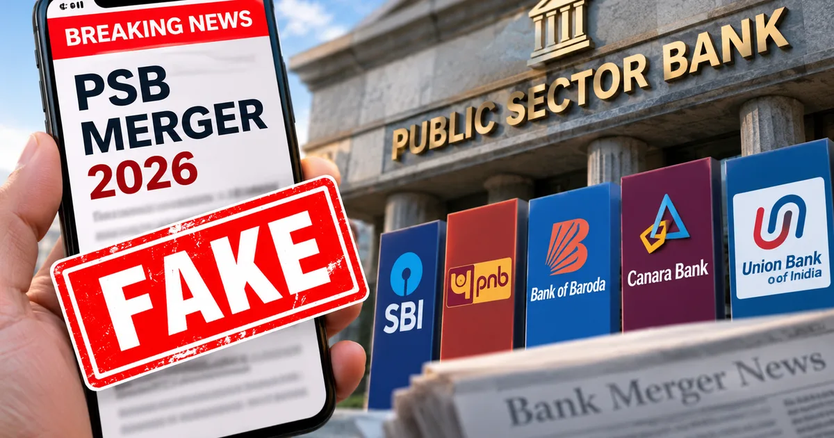 Fake government gazette on smartphone screen showing public sector bank amalgamation news 2026