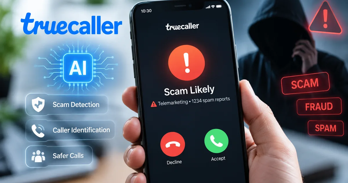 Truecaller AI Call Scanner 2026 on a smartphone blocking voice cloning spam calls