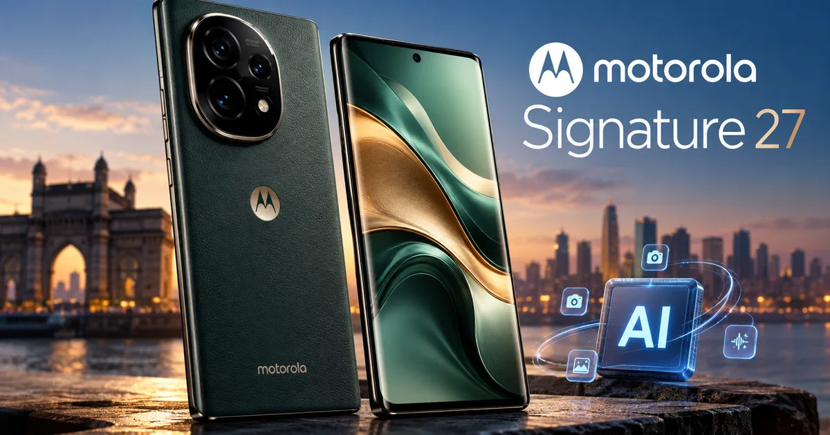 Motorola Signature 27 smartphone resting on a table highlighting the new camera module