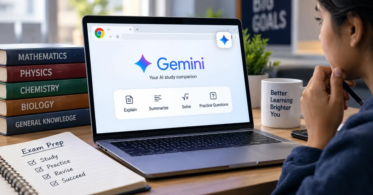 Indian student using Google Gemini AI Chrome Extension 2026 on laptop for exam prep