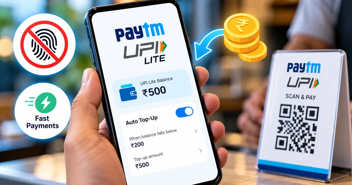 A person using Paytm UPI Lite Auto Top-Up 2026 feature on a smartphone for a quick digital payment