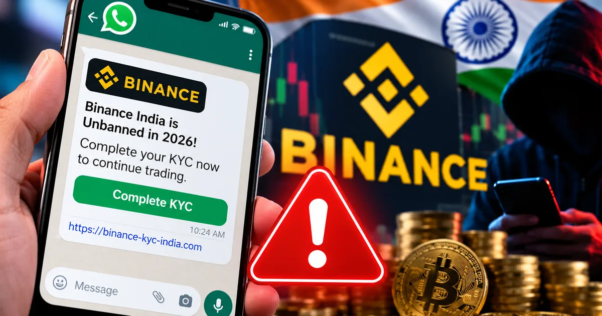 Fake Binance India 2026 Unban KYC Update WhatsApp Scam warning on mobile phone