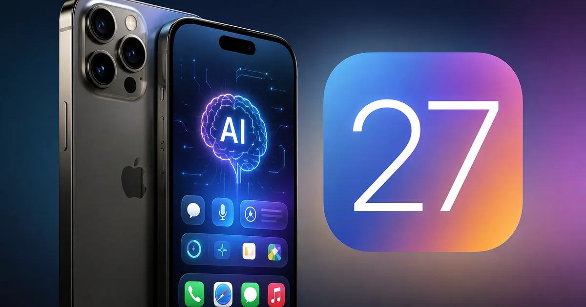 Apple iOS 27 software logo shown on an iPhone screen highlighting new AI capabilities