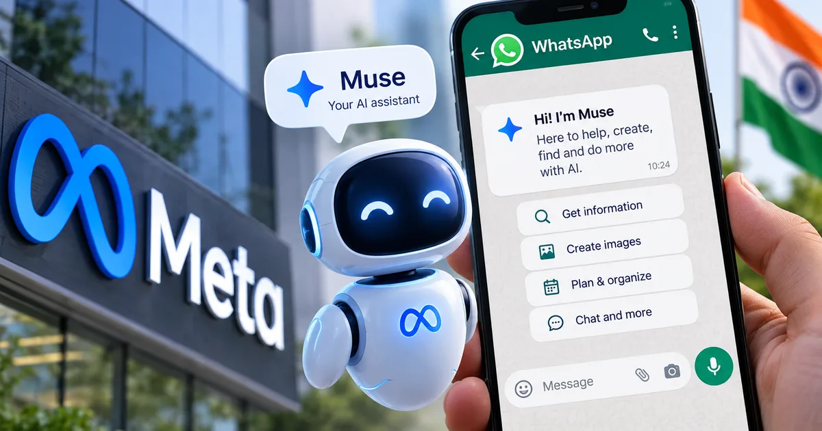 Meta Muse AI Agent 2026 on a smartphone screen next to WhatsApp logo