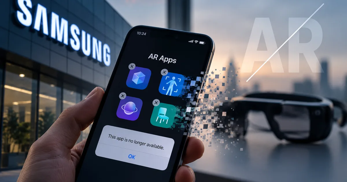 Samsung Galaxy phone showing AR Doodle and Quick Measure apps being discontinued in 2026