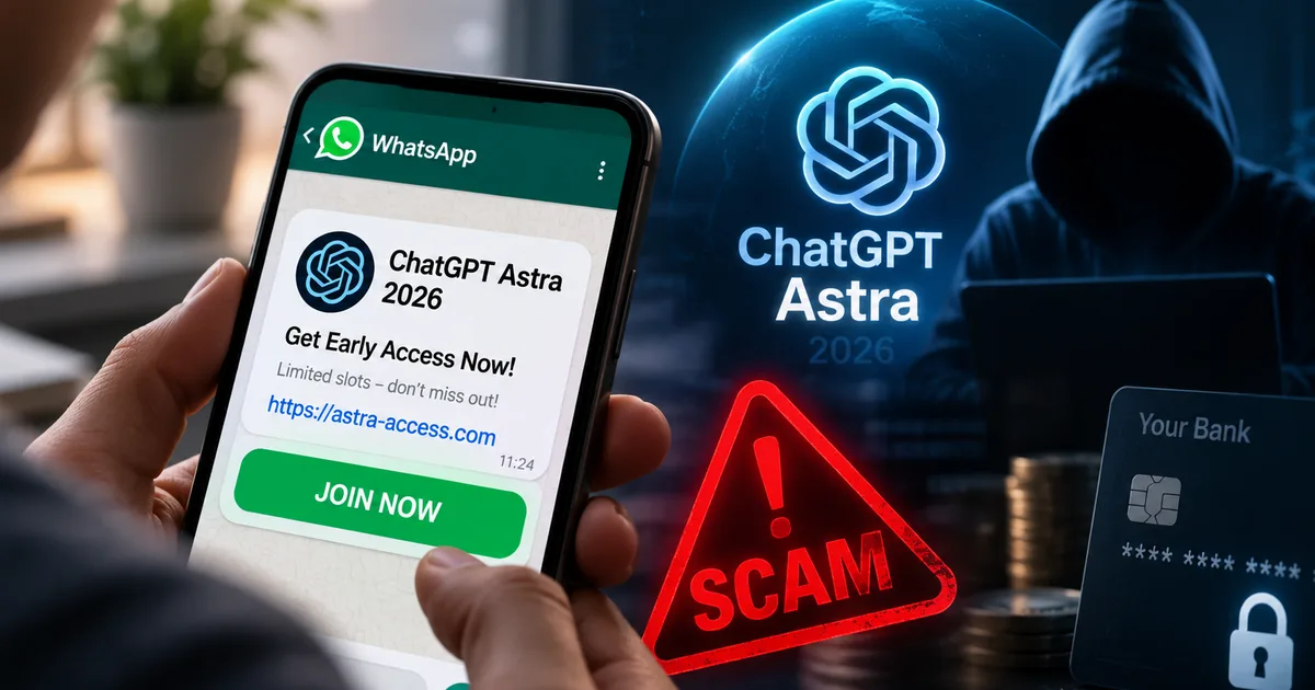 Fake ChatGPT Astra 2026 early access WhatsApp scam message warning on a smartphone screen