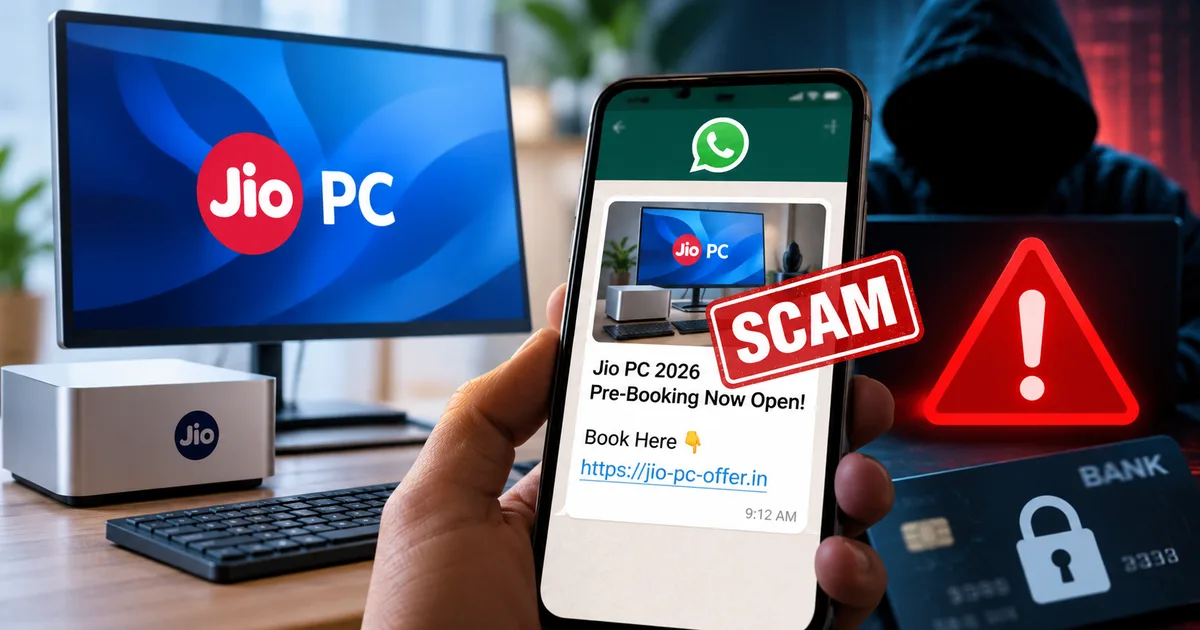 Fake Jio PC 2026 Pre-Booking Link WhatsApp Scam alert on a smartphone screen