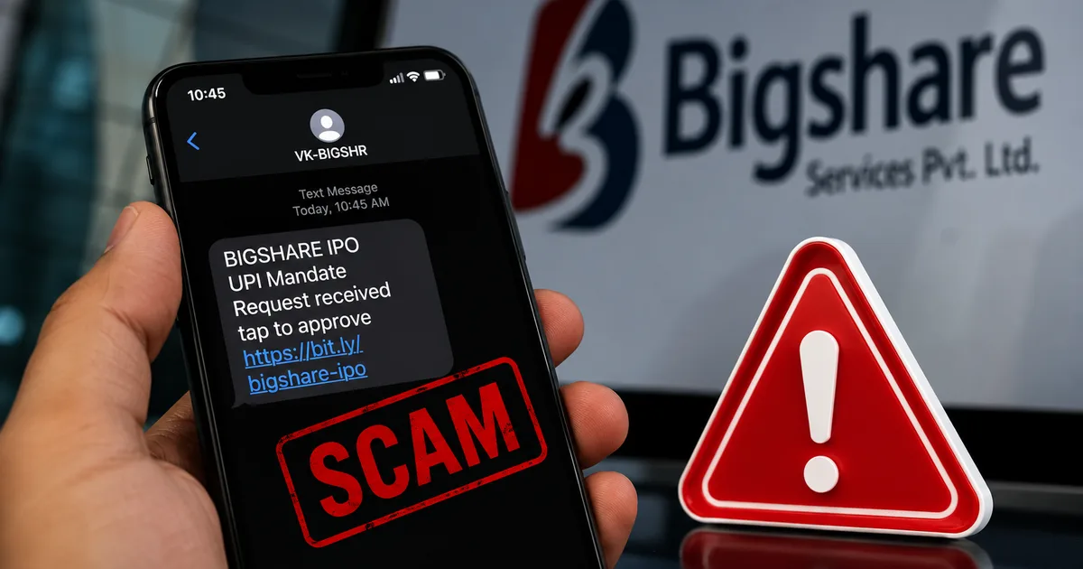 Smartphone showing fake Bigshare IPO allotment UPI mandate failed SMS scam warning