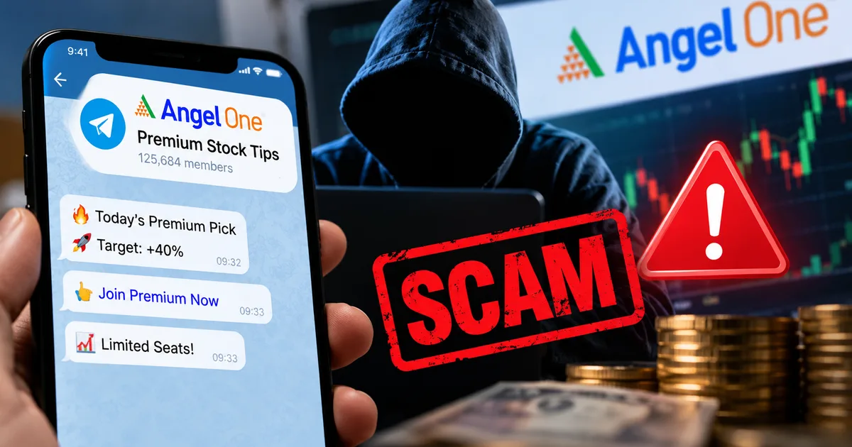 Warning sign for the Fake Angel One Premium Stock Tips Telegram Group Scam 2026 on a smartphone screen