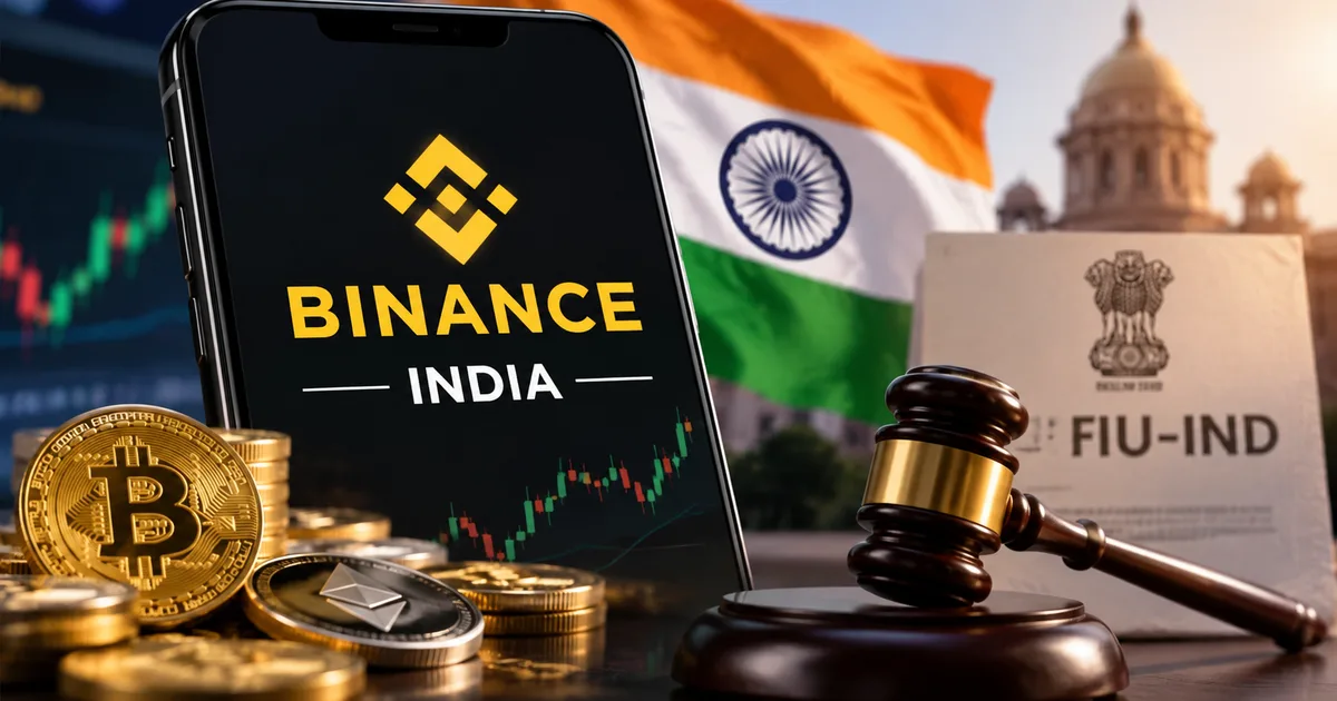 A digital graphic showing the Binance logo, Indian rupee symbol, and FIU compliance shield representing the Binance India 2026 re-entry.