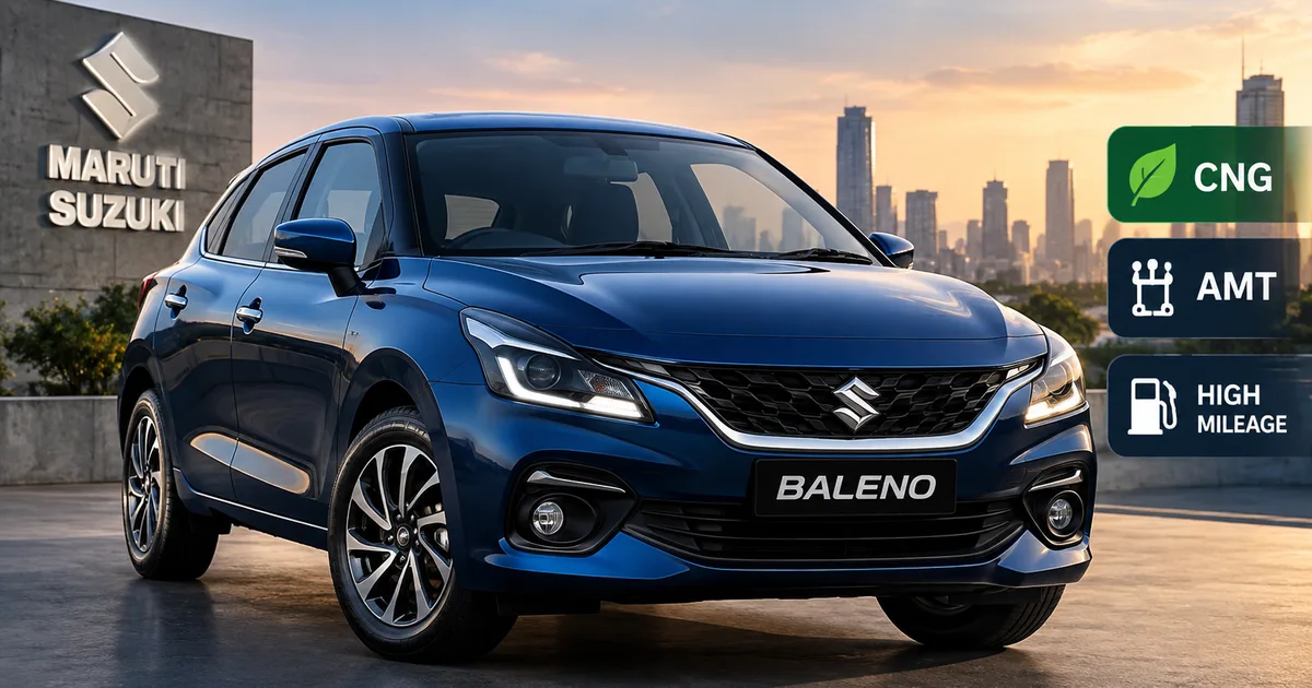 Maruti Suzuki Baleno CNG AMT 2026 model parked outside a Maruti Arena showroom in India